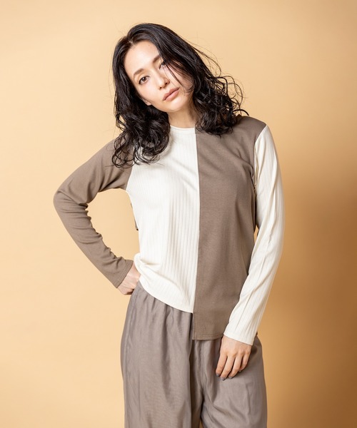 OSMOSIS（オズモーシス）の「2WAY配色テレコプルオーバー（Tシャツ/カットソー・レディース・グレー/ベージュ/ブラック・ONE SIZE）」の7枚目の写真