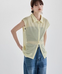 フレンチスリーブポロ襟メッシュニット