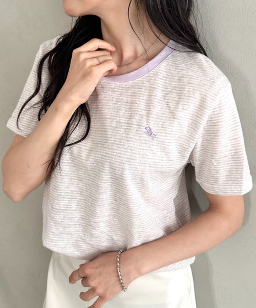 POLOCHAMPS（ポロチャンプス）の「POLOCHAMPS(ポロチャンプス)/ ワンポイント刺繍 クルーネック半袖Tシャツ ボーダー/刺繍Tシャツ（Tシャツ/カットソー・レディース・パープル/ピンク/グレー/サックスブルー・FREE）」の5枚目の写真