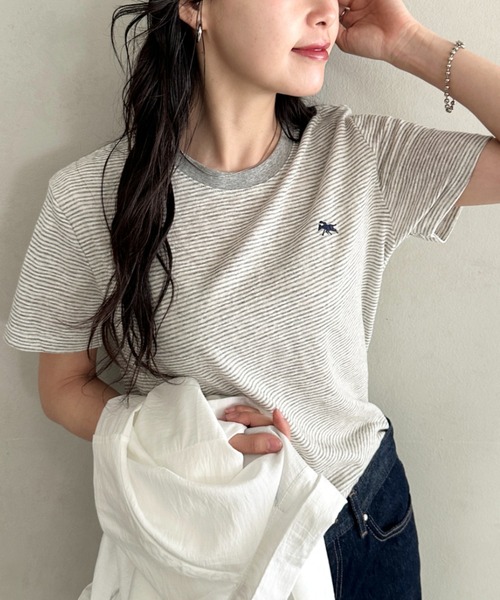 POLOCHAMPS（ポロチャンプス）の「POLOCHAMPS(ポロチャンプス)/ ワンポイント刺繍 クルーネック半袖Tシャツ ボーダー/刺繍Tシャツ（Tシャツ/カットソー・レディース・パープル/ピンク/グレー/サックスブルー・FREE）」の11枚目の写真