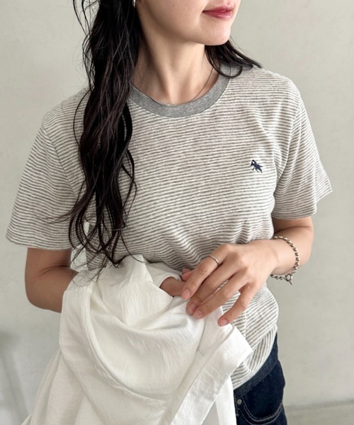 POLOCHAMPS（ポロチャンプス）の「POLOCHAMPS(ポロチャンプス)/ ワンポイント刺繍 クルーネック半袖Tシャツ ボーダー/刺繍Tシャツ（Tシャツ/カットソー・レディース・パープル/ピンク/グレー/サックスブルー・FREE）」の10枚目の写真