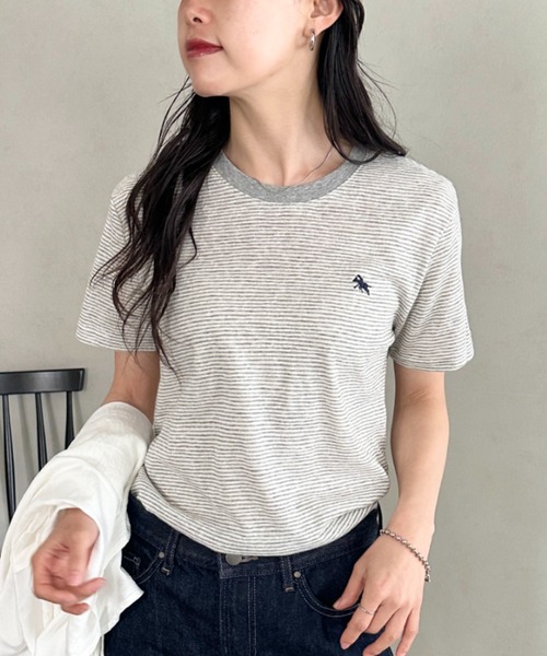 POLOCHAMPS（ポロチャンプス）の「POLOCHAMPS(ポロチャンプス)/ ワンポイント刺繍 クルーネック半袖Tシャツ ボーダー/刺繍Tシャツ（Tシャツ/カットソー・レディース・パープル/ピンク/グレー/サックスブルー・FREE）」の9枚目の写真