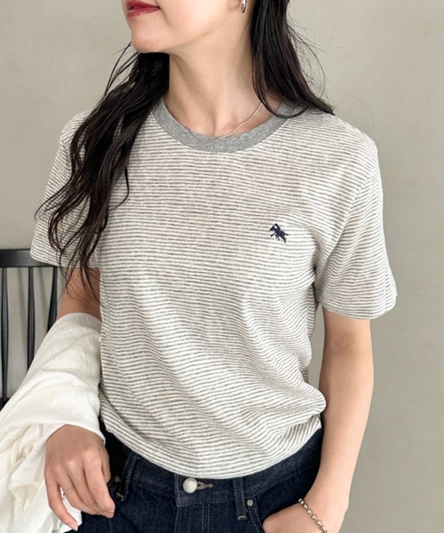POLOCHAMPS（ポロチャンプス）の「POLOCHAMPS(ポロチャンプス)/ ワンポイント刺繍 クルーネック半袖Tシャツ ボーダー/刺繍Tシャツ（Tシャツ/カットソー・レディース・パープル/ピンク/グレー/サックスブルー・FREE）」の8枚目の写真