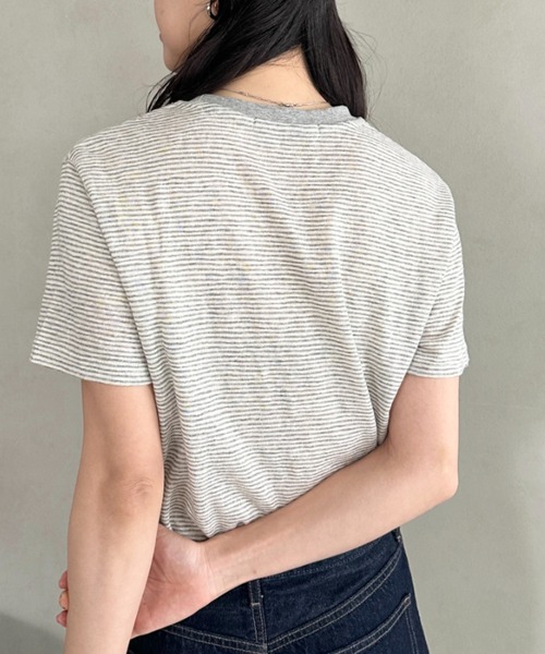 POLOCHAMPS（ポロチャンプス）の「POLOCHAMPS(ポロチャンプス)/ ワンポイント刺繍 クルーネック半袖Tシャツ ボーダー/刺繍Tシャツ（Tシャツ/カットソー・レディース・パープル/ピンク/グレー/サックスブルー・FREE）」の6枚目の写真