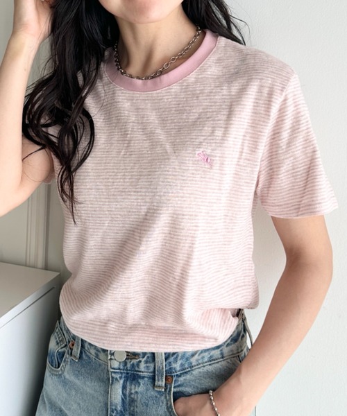 POLOCHAMPS（ポロチャンプス）の「POLOCHAMPS(ポロチャンプス)/ ワンポイント刺繍 クルーネック半袖Tシャツ ボーダー/刺繍Tシャツ（Tシャツ/カットソー・レディース・パープル/ピンク/グレー/サックスブルー・FREE）」の20枚目の写真