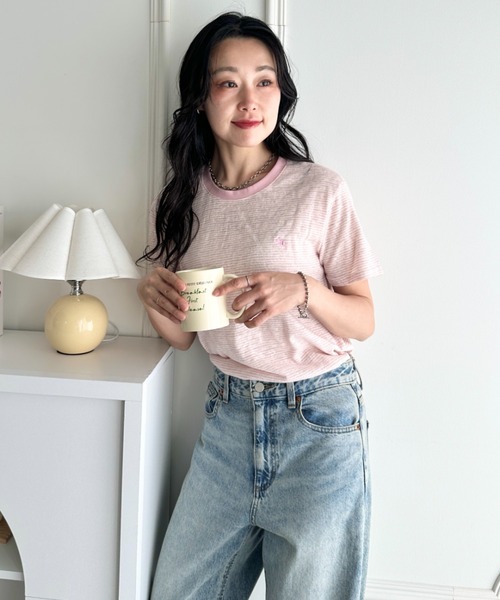 POLOCHAMPS（ポロチャンプス）の「POLOCHAMPS(ポロチャンプス)/ ワンポイント刺繍 クルーネック半袖Tシャツ ボーダー/刺繍Tシャツ（Tシャツ/カットソー・レディース・パープル/ピンク/グレー/サックスブルー・FREE）」の16枚目の写真