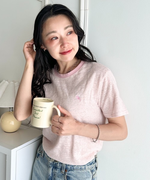 POLOCHAMPS（ポロチャンプス）の「POLOCHAMPS(ポロチャンプス)/ ワンポイント刺繍 クルーネック半袖Tシャツ ボーダー/刺繍Tシャツ（Tシャツ/カットソー・レディース・パープル/ピンク/グレー/サックスブルー・FREE）」の17枚目の写真