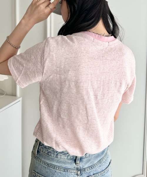 POLOCHAMPS（ポロチャンプス）の「POLOCHAMPS(ポロチャンプス)/ ワンポイント刺繍 クルーネック半袖Tシャツ ボーダー/刺繍Tシャツ（Tシャツ/カットソー・レディース・パープル/ピンク/グレー/サックスブルー・FREE）」の14枚目の写真