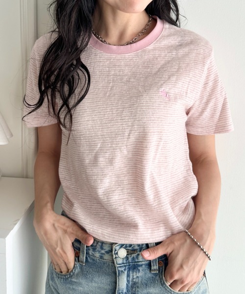POLOCHAMPS（ポロチャンプス）の「POLOCHAMPS(ポロチャンプス)/ ワンポイント刺繍 クルーネック半袖Tシャツ ボーダー/刺繍Tシャツ（Tシャツ/カットソー・レディース・パープル/ピンク/グレー/サックスブルー・FREE）」の19枚目の写真