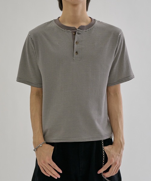 Fine - border henly Tee / ファインボーダーヘンリーネックT（Tシャツ