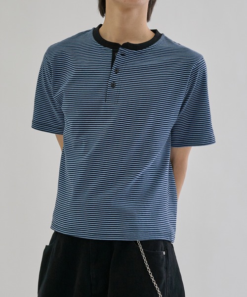 Fine - border henly Tee / ファインボーダーヘンリーネックT（Tシャツ