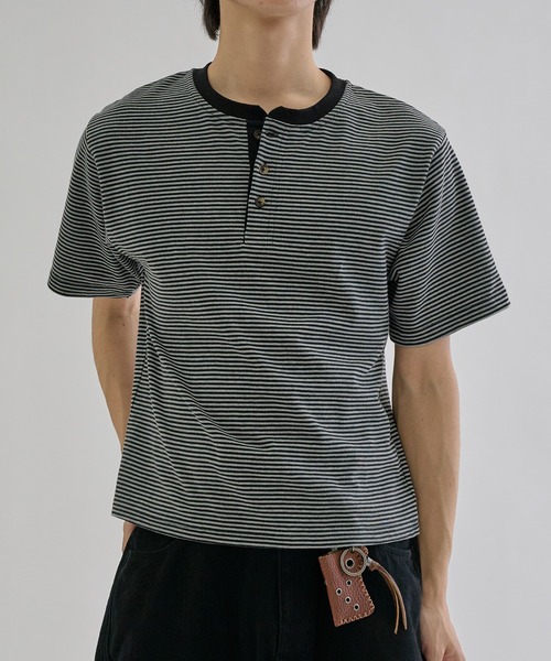 Fine - border henly Tee / ファインボーダーヘンリーネックT（Tシャツ