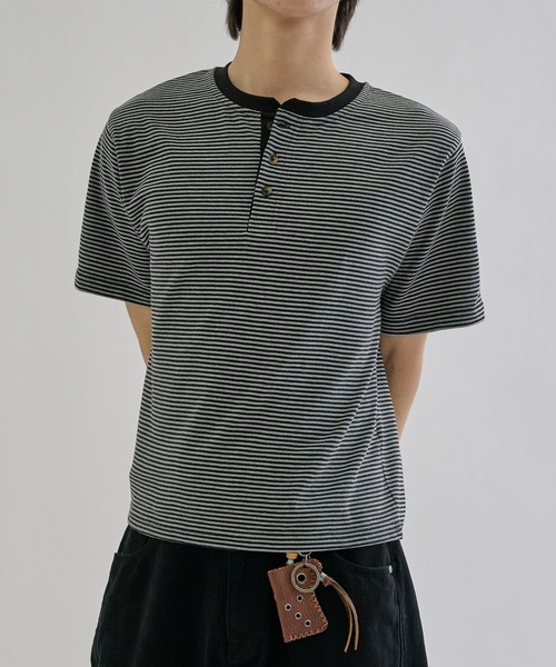 Fine - border henly Tee / ファインボーダーヘンリーネックT（Tシャツ