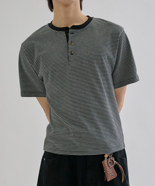 Fine - border henly Tee / ファインボーダーヘンリーネックT（Tシャツ