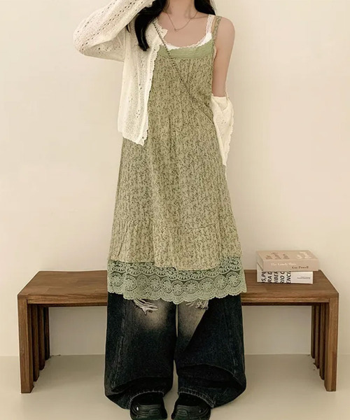VIVID LADY(ビビッドレディー)の「小花柄 レースレイヤードキャミワンピース(ワンピース・レディース・グリーン/ホワイト・FREE)」の5枚目の写真