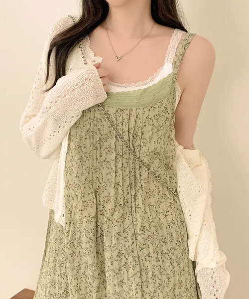 VIVID LADY(ビビッドレディー)の「小花柄 レースレイヤードキャミワンピース(ワンピース・レディース・グリーン/ホワイト・FREE)」の6枚目の写真