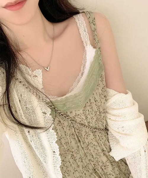 VIVID LADY(ビビッドレディー)の「小花柄 レースレイヤードキャミワンピース(ワンピース・レディース・グリーン/ホワイト・FREE)」の11枚目の写真
