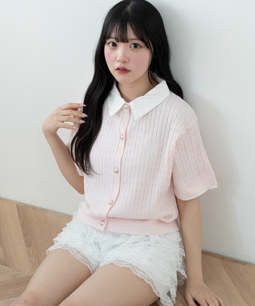 WEGO(ウィゴー)の「WEGO/金ボタン襟付きケーブルニット(Tシャツ/カットソー・レディース・ピンク/グレー/アイボリー・FREE)」の3枚目の写真