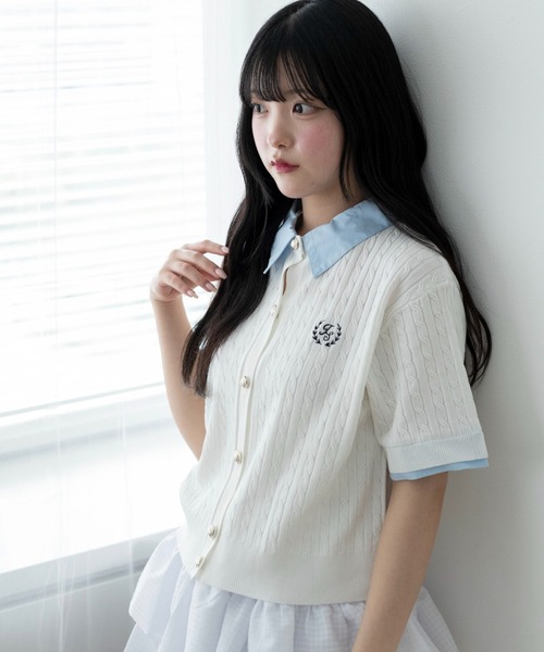 WEGO(ウィゴー)の「WEGO/金ボタン襟付きケーブルニット(Tシャツ/カットソー・レディース・ピンク/グレー/アイボリー・FREE)」の1枚目の写真