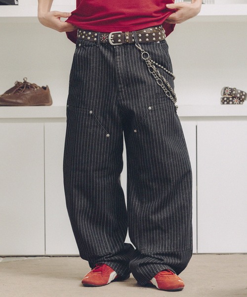 THRASHER（スラッシャー）の「THRASHER×MSG 別注 ダブルニーパンツ ウォッシュ加工/ウォバッシュ/ツイル（デニムパンツ・メンズ・ブラック系/ストライプ/ベージュ・M/S/XL/L）」の21枚目の写真