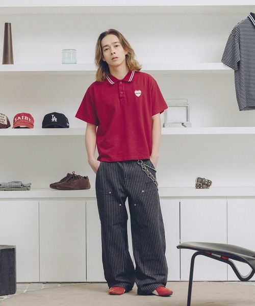 THRASHER（スラッシャー）の「THRASHER×MSG 別注 ダブルニーパンツ ウォッシュ加工/ウォバッシュ/ツイル（デニムパンツ・メンズ・ブラック系/ストライプ/ベージュ・M/S/XL/L）」の4枚目の写真