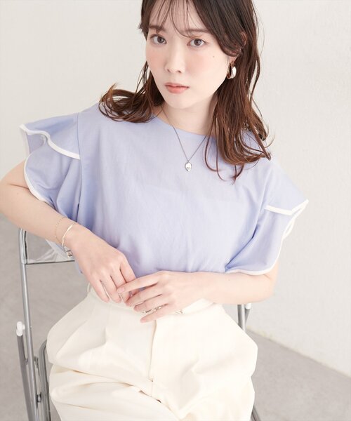 natural couture（ナチュラルクチュール）の「【sherbet line】接触冷感配色ラッフルスリーブプルオーバー（Tシャツ/カットソー・レディース・オフホワイト/ブラック/サックスブルー/グレイッシュベージュ/ピンク/ミント・FREE）」の5枚目の写真