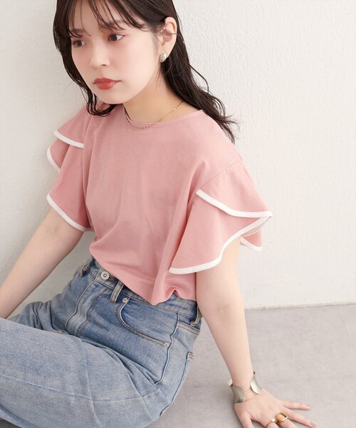natural couture（ナチュラルクチュール）の「【sherbet line】接触冷感配色ラッフルスリーブプルオーバー（Tシャツ/カットソー・レディース・オフホワイト/ブラック/サックスブルー/グレイッシュベージュ/ピンク/ミント・FREE）」の6枚目の写真