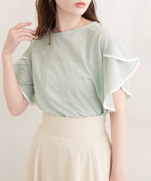 natural couture（ナチュラルクチュール）の「【sherbet line】接触冷感配色ラッフルスリーブプルオーバー（Tシャツ/カットソー・レディース・オフホワイト/ブラック/サックスブルー/グレイッシュベージュ/ピンク/ミント・FREE）」の4枚目の写真