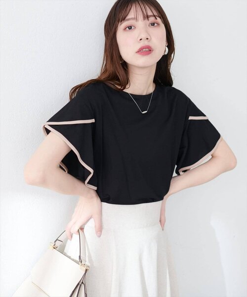 natural couture（ナチュラルクチュール）の「【sherbet line】接触冷感配色ラッフルスリーブプルオーバー（Tシャツ/カットソー・レディース・オフホワイト/ブラック/サックスブルー/グレイッシュベージュ/ピンク/ミント・FREE）」の12枚目の写真