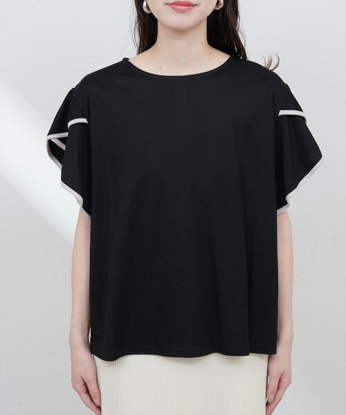 natural couture（ナチュラルクチュール）の「【sherbet line】接触冷感配色ラッフルスリーブプルオーバー（Tシャツ/カットソー・レディース・オフホワイト/ブラック/サックスブルー/グレイッシュベージュ/ピンク/ミント・FREE）」の15枚目の写真