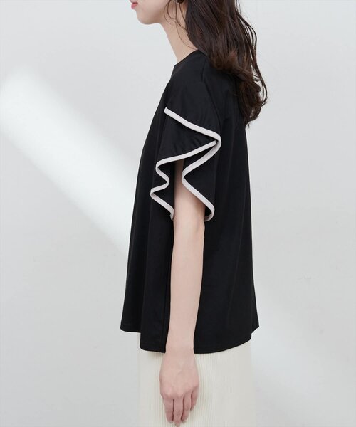 natural couture（ナチュラルクチュール）の「【sherbet line】接触冷感配色ラッフルスリーブプルオーバー（Tシャツ/カットソー・レディース・オフホワイト/ブラック/サックスブルー/グレイッシュベージュ/ピンク/ミント・FREE）」の16枚目の写真