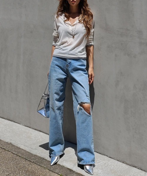 esutoreja（エストレジャ）の「ヘンリーネックバイカラーシアートップス（Tシャツ/カットソー・レディース・グレー/アイボリー/ブラック・FREE）」の20枚目の写真