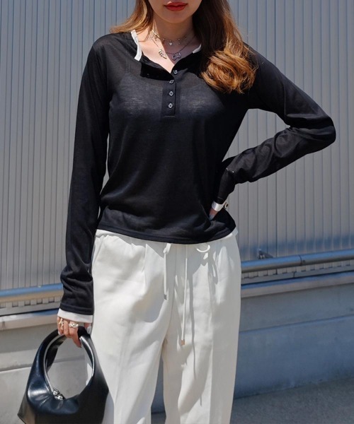 esutoreja（エストレジャ）の「ヘンリーネックバイカラーシアートップス（Tシャツ/カットソー・レディース・グレー/アイボリー/ブラック・FREE）」の13枚目の写真