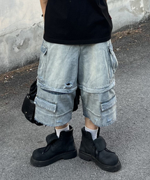DAMAGE DENIM BERMUDA PANTS (WASHED BLUE)