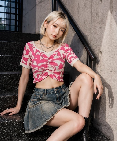 GORGE(ゴージ)の「ジャガードショートニット(ニット/セーター・レディース・ブラック/ブルー/ピンク/グリーン・F)」の4枚目の写真