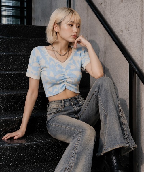 GORGE(ゴージ)の「ジャガードショートニット(ニット/セーター・レディース・ブラック/ブルー/ピンク/グリーン・F)」の3枚目の写真