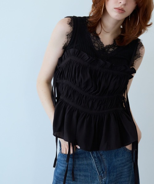 flaeu(フラユ)の「Lace Rib Sleeveless Top(タンクトップ・レディース・ホワイト/ブラック・FREE)」の7枚目の写真