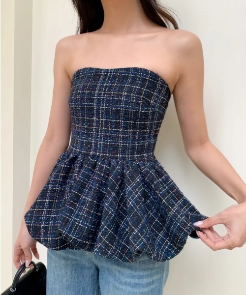 BIRTHDAY BASH(バースデイバッシュ)の「TWEED HEMBALLOON PEPLUM TOPS(ツイードヘムバルーンぺプラムトップス)(その他トップス・レディース・ネイビー/レッド・MEDIUM/SMALL)」の1枚目の写真