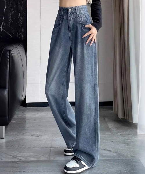 ONEP STAR(ワンピスター)の「ヘリンボーン調ルーズストレートデニムパンツ(デニムパンツ・レディース・ブルー・SMALL/MEDIUM/LARGE/X-LARGE)」の1枚目の写真