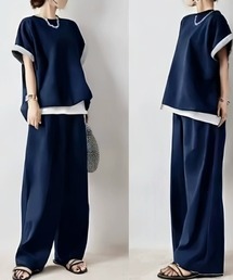 レイヤード風トップス×ワイドパンツセットアップ