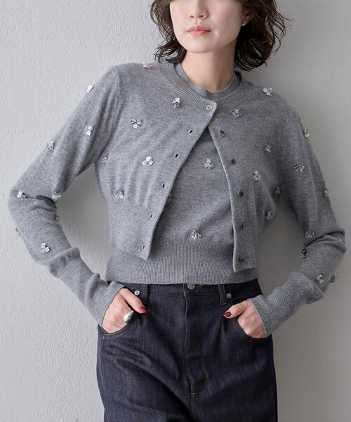 Whim Gazette(ウィムガゼット)の「ビーズ刺繍ニットカーディガン(カーディガン/ボレロ・レディース・ミント/グレー・FREE)」の2枚目の写真