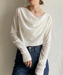 長袖 オフショル アシメネック シアーベロア ドレープトップス
