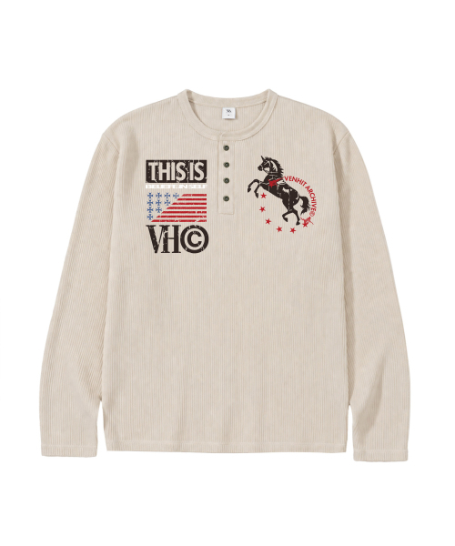 VENHIT(ベンヒット)の「VTA VINTAGE ワッフルヘンリーネックロングスリーブ(Tシャツ/カットソー・レディース・アイボリー/ブラウン/グレー・MEDIUM/LARGE)」の5枚目の写真