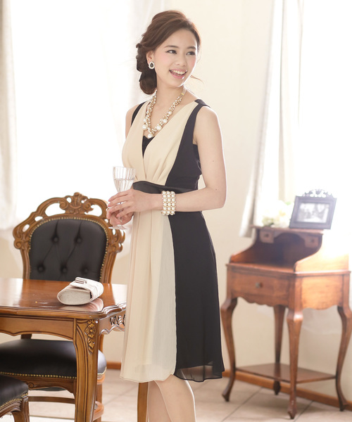 結婚式ワンピースドレスバイカラーミニ丈 ノースリーブ大きいサイズフォーマル