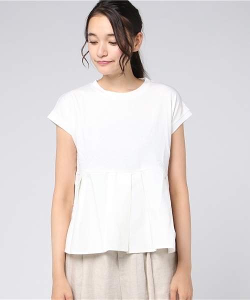 ＼＼新色登場／／異素材切り替えフレンチスリーブフレアトップス