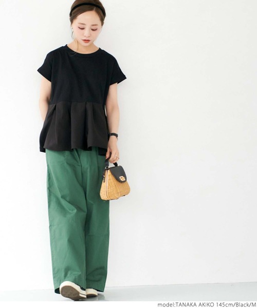 ＼＼新色登場／／異素材切り替えフレンチスリーブフレアトップス