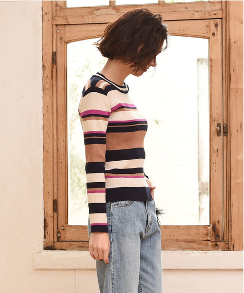 Luz Llena(ラズレナ)の「マルチボーダー柄リブニットトップス(ニット/セーター・レディース・イエロー/ピンク・MEDIUM)」の3枚目の写真