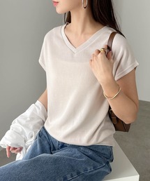 andme | フレンチスリーブVネックニットソーTシャツトップス(Tシャツ/カットソー)