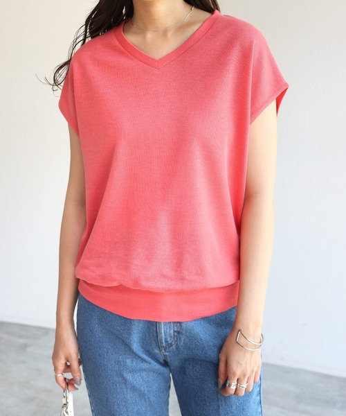 andme(アンドミー)の「ニットソーフレンチスリーブVネックトップス(Tシャツ/カットソー・レディース・ライトグレー/オフホワイト/ベージュ/ライトベージュ/ネイビー/カーキ/ブラック/ブラウン/ブルー系その他/ミント/レッド系その他/イエロー・M/L/XL/XXL)」の12枚目の写真