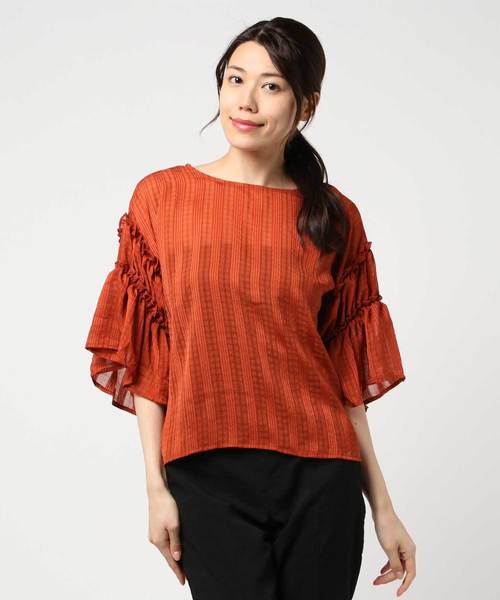 STYLEBLOCK（スタイルブロック）の「シアーチェックギャザーフレアスリーブ透けブラウス（シャツ/ブラウス・レディース・オレンジ/ホワイト/ブラック/ミント・M）」の4枚目の写真